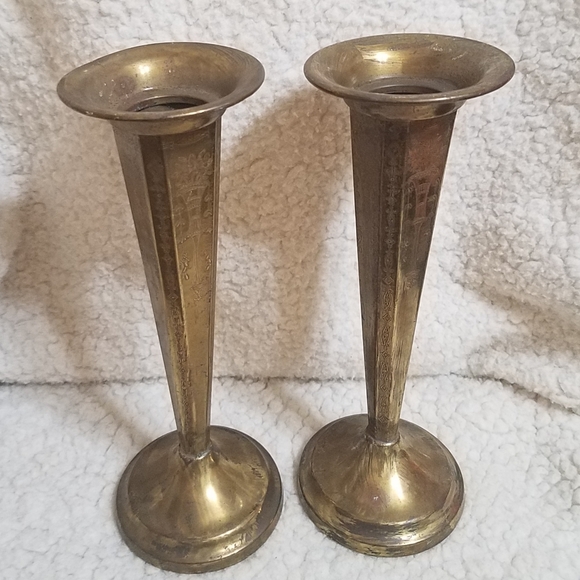Pair of Vtg Metal/Brass Etched Vases